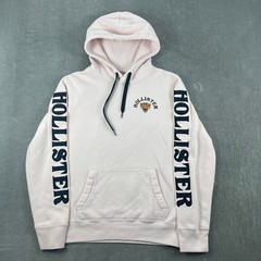 Hollister Mens S White Pink Hoodie Leopard Graphic Sleeve Logo Sweatshirt