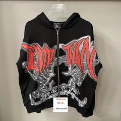 HIP HOP RHINESTONE EMOTION HOODED HOODIE CARDIGAN ZIP HIGH STREET SWEATSHIRT TOP