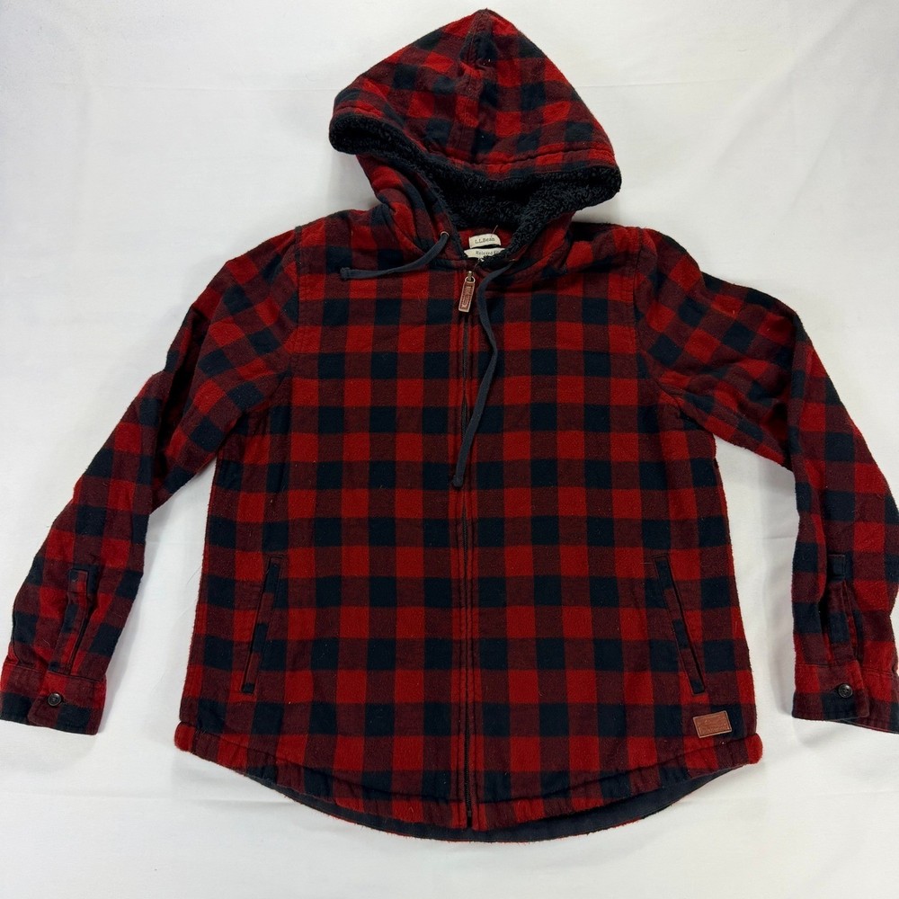 L.L. Bean Hooded Jacket Buffalo Plaid Sherpa Lined Zip Up Red Black S