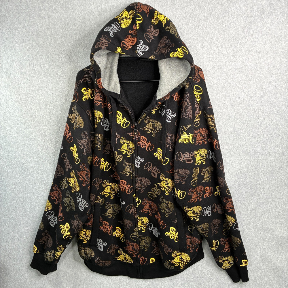 Y2K Paco Jeans Hoodie XXL Black Allover Print Logo Full Zip Pockets Fleece Lined