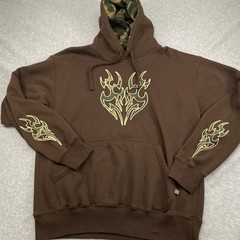Retro Sapphire Lounge Hoodie Brown Camo Tribal Flames Size Large Vintage