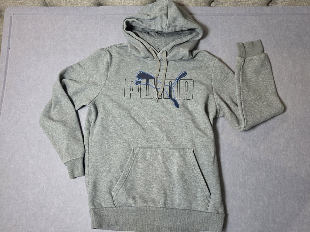 Puma Men’s Hoodie Gray Pullover Size Small Long Sleeve Gray Logo Sweatshirt Y2K