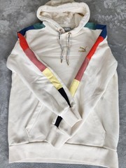 PUMA Logo Colorblock Pullover Fleece Hoodie w/ Pockets White Men Size S