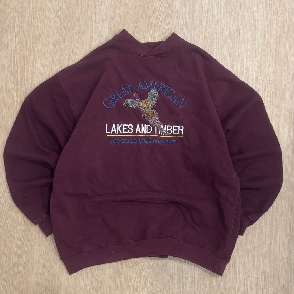 Vintage 90s Van Heusen Sweatshirt Mens Medium Burgundy Pheasant Embroidered Crew