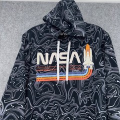 NASA Graphic Hoodie Mens Medium Black Marble Swirl Space Shuttle Retro Logo