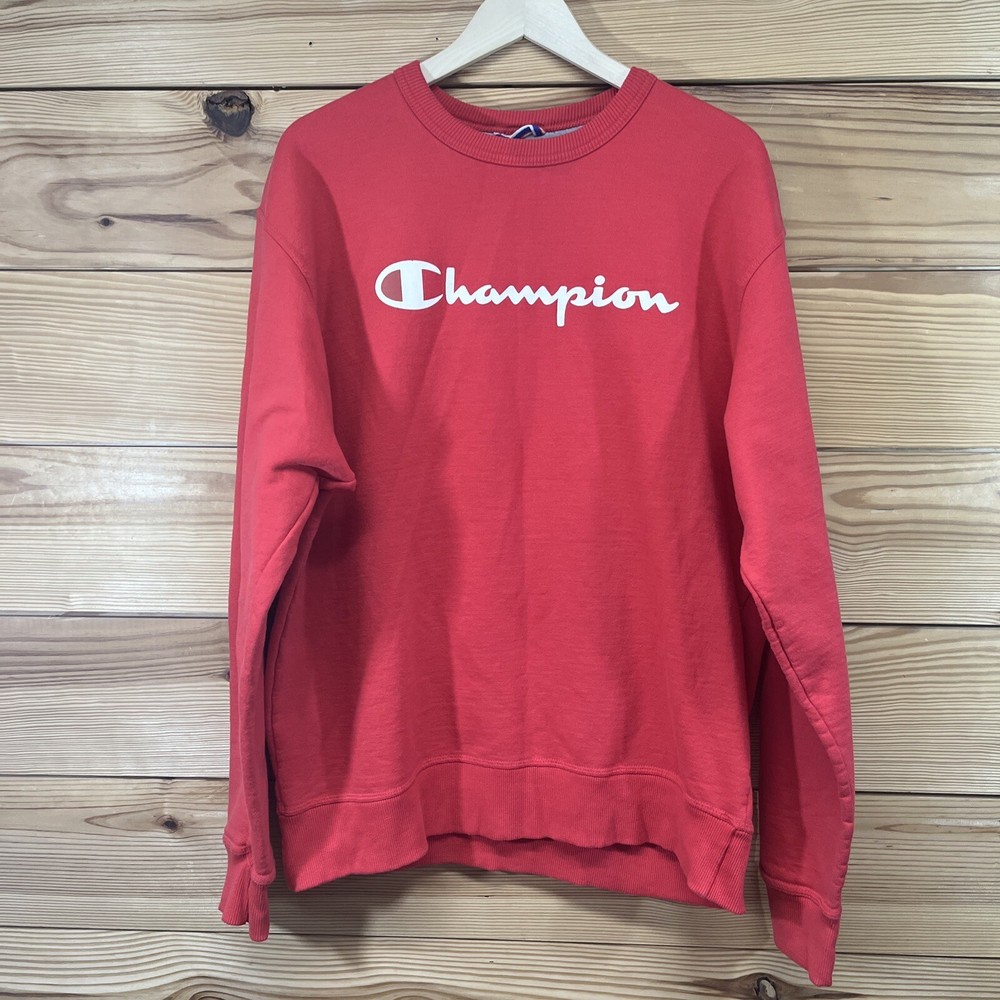 Champion Sweatshirt Large Red Basic Spellout Logo GF88H Cotton Blend Crew B85