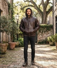 Men’s Brown Crocodile Print Leather Pullover Hoodie Real Lambskin Hoodie