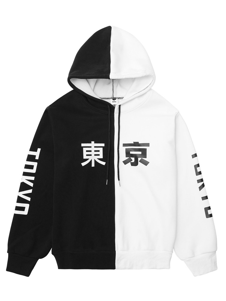 Niepce Men’s Black White Split Color Block Hoodie Japanese Tokyo Kanji Pullover