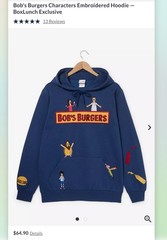 Bob’s Burgers Characters embroidered hoodie blue XLARGE XL BoxLunch NWT Pullover