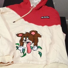 Makobi Men’s L Red/Ivory Colorblock Full Zip Fleece Hoodie Bear Graphic