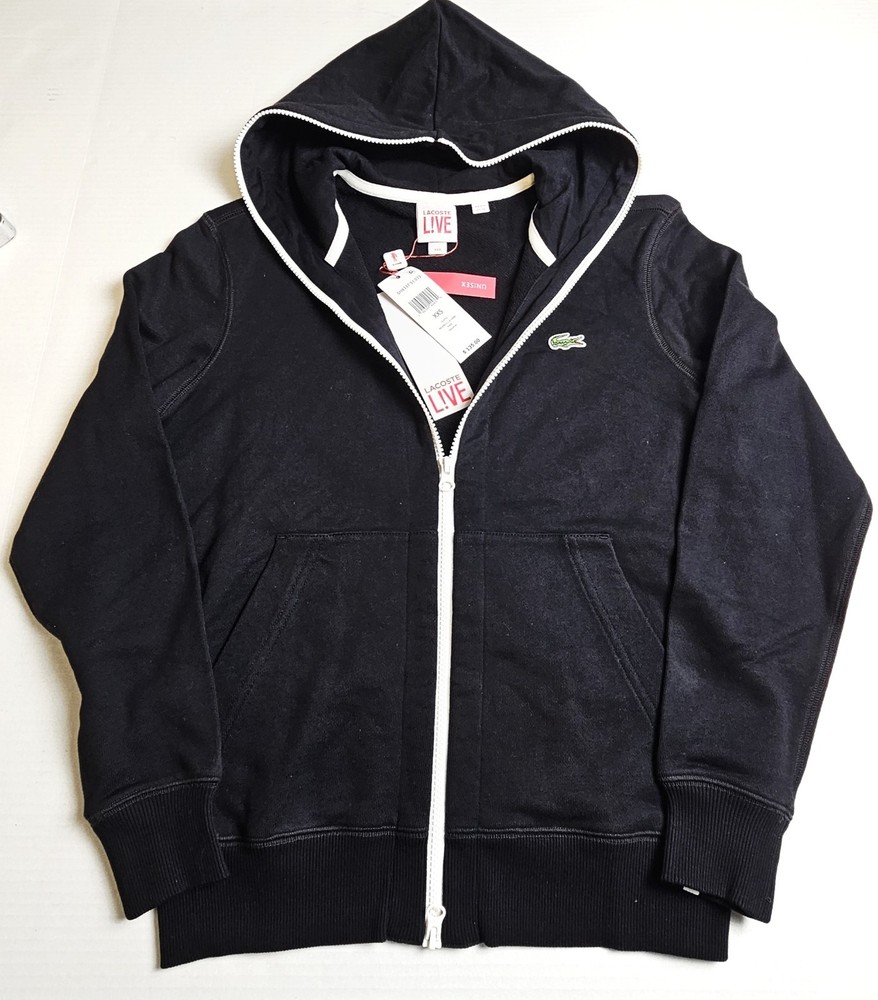 Lacoste LIVE Hoodie Black XXS Full Zip Cotton Sweatshirt Pockets Logo