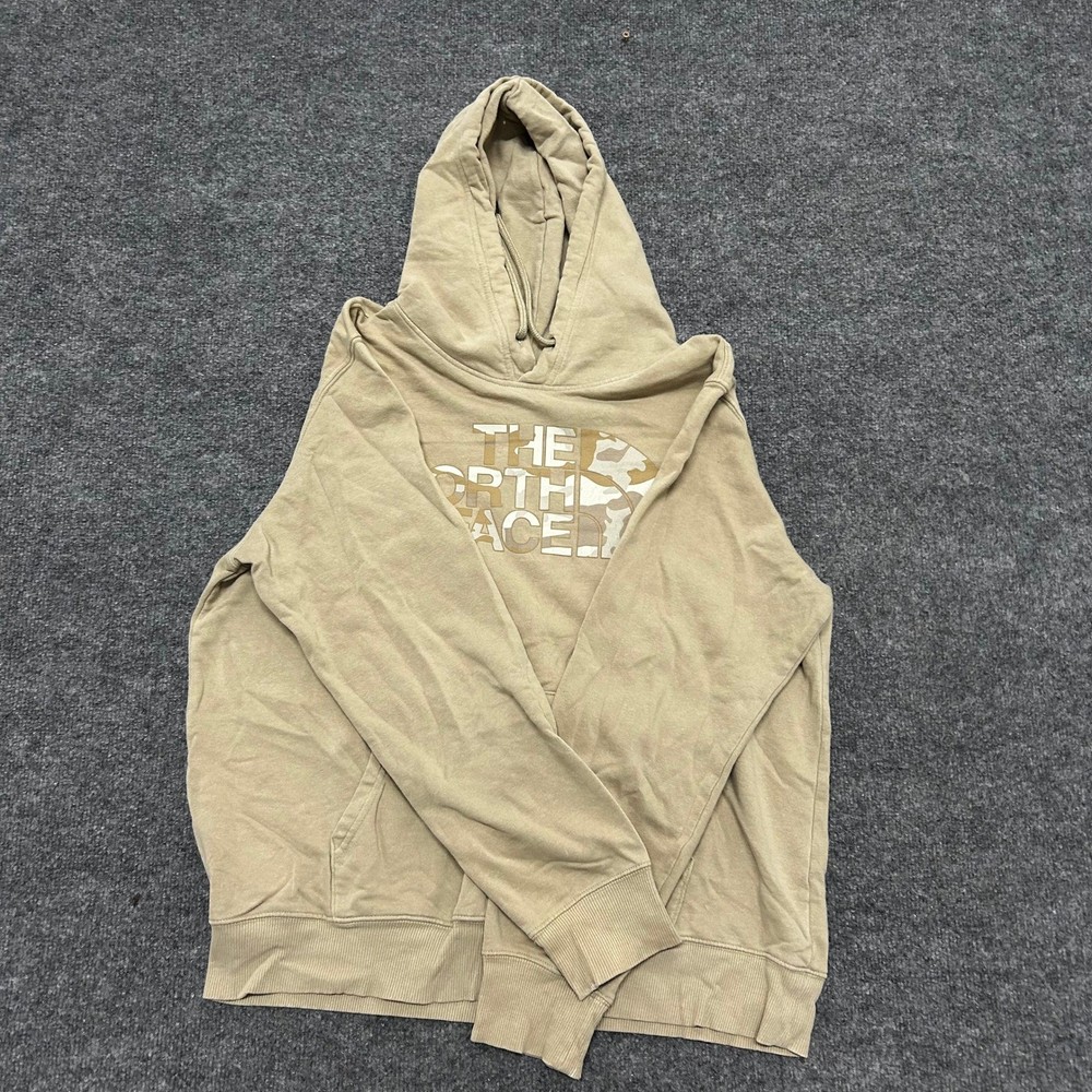 The North Face Hoodie Mens Size L Tan Beige Camo Logo Pullover Sweatshirt