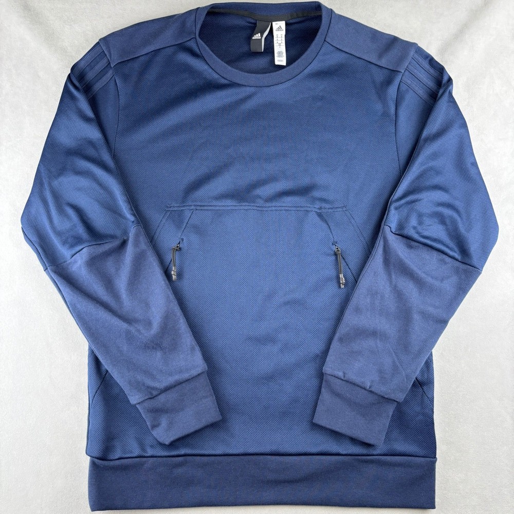 Adidas Crewneck Sweatshirt Men M Navy Blue Mesh Pullover Zipper Pockets 3 Stripe
