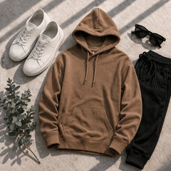 100% Combed Cotton Lightweight Brown Hoodie Garment Dyed Pullover All Seasons