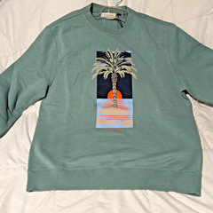 LANVIN Paris Luxury Pullover XL Resortwear Sage Green Palm Tree Sunset Graphic