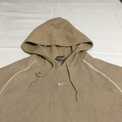 Nike Hoodie Sweatshirt Mens Large Tan Center Swoosh Ribbed Knit Pullover Y2K