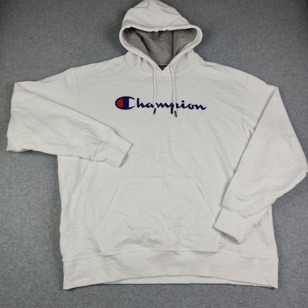 Champion Hoodie Mens 2XL White Relaxed Fit Long Sleeve Spell Out Logo Pullover