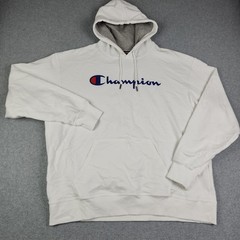 Champion Hoodie Mens 2XL White Relaxed Fit Long Sleeve Spell Out Logo Pullover
