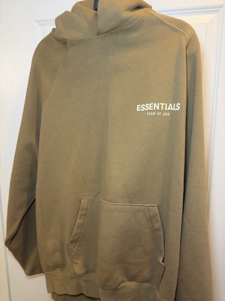 Fear of God Essentials Hoodie Taupe Olive Khaki Pullover Sweatshirt Size L