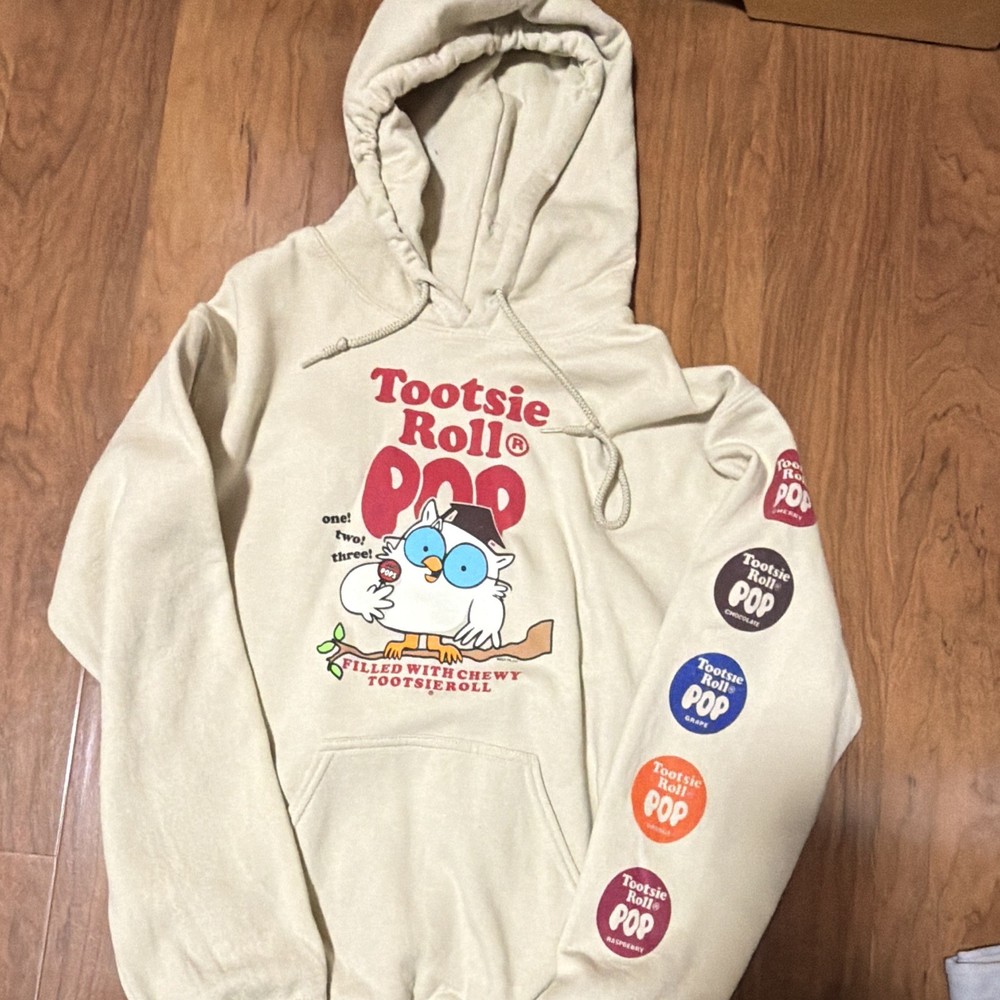 Tootsie Roll Pop Graphic Pullover Hoodie Beige Long Sleeve Drawstring Pockets S