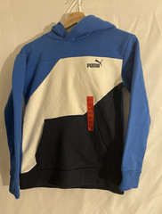 PUMA teens Colorblock Pullover Hoodie Logo Kangaroo Pocket Blue White M