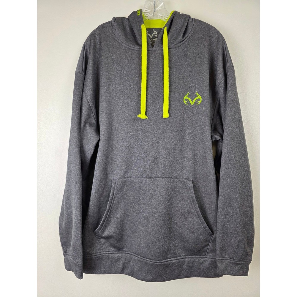 Realtree Mountainaire Hoodie Mens XL Gray Neon Green Pullover Sweatshirt Hunting