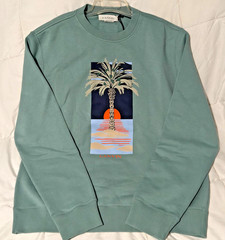 LANVIN Paris Luxury Pullover XL Resortwear Sage Green Palm Tree Sunset Graphic