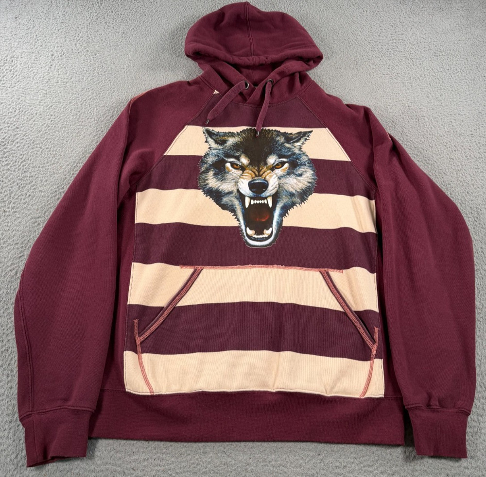 Triple Five Soul Hoodie Men XL Maroon Beige Striped Wolf Print Hooded Sweatshirt