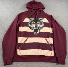 Triple Five Soul Hoodie Men XL Maroon Beige Striped Wolf Print Hooded Sweatshirt