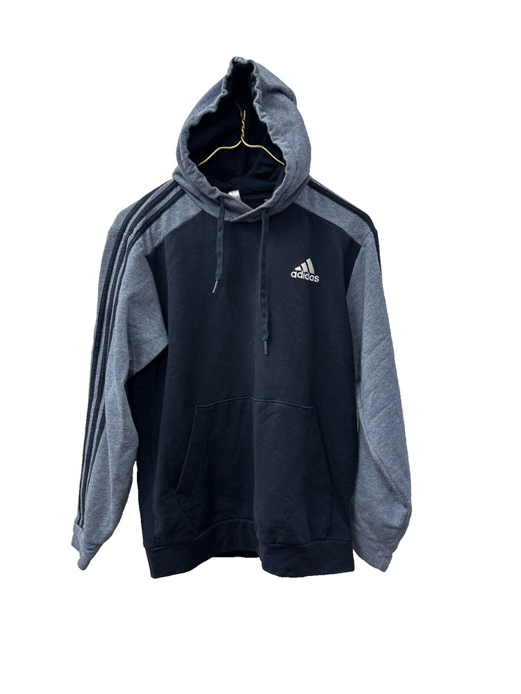 adidas Mens Small Cotton Blend Hoodie Blue Striped Sleeves Front Pocket