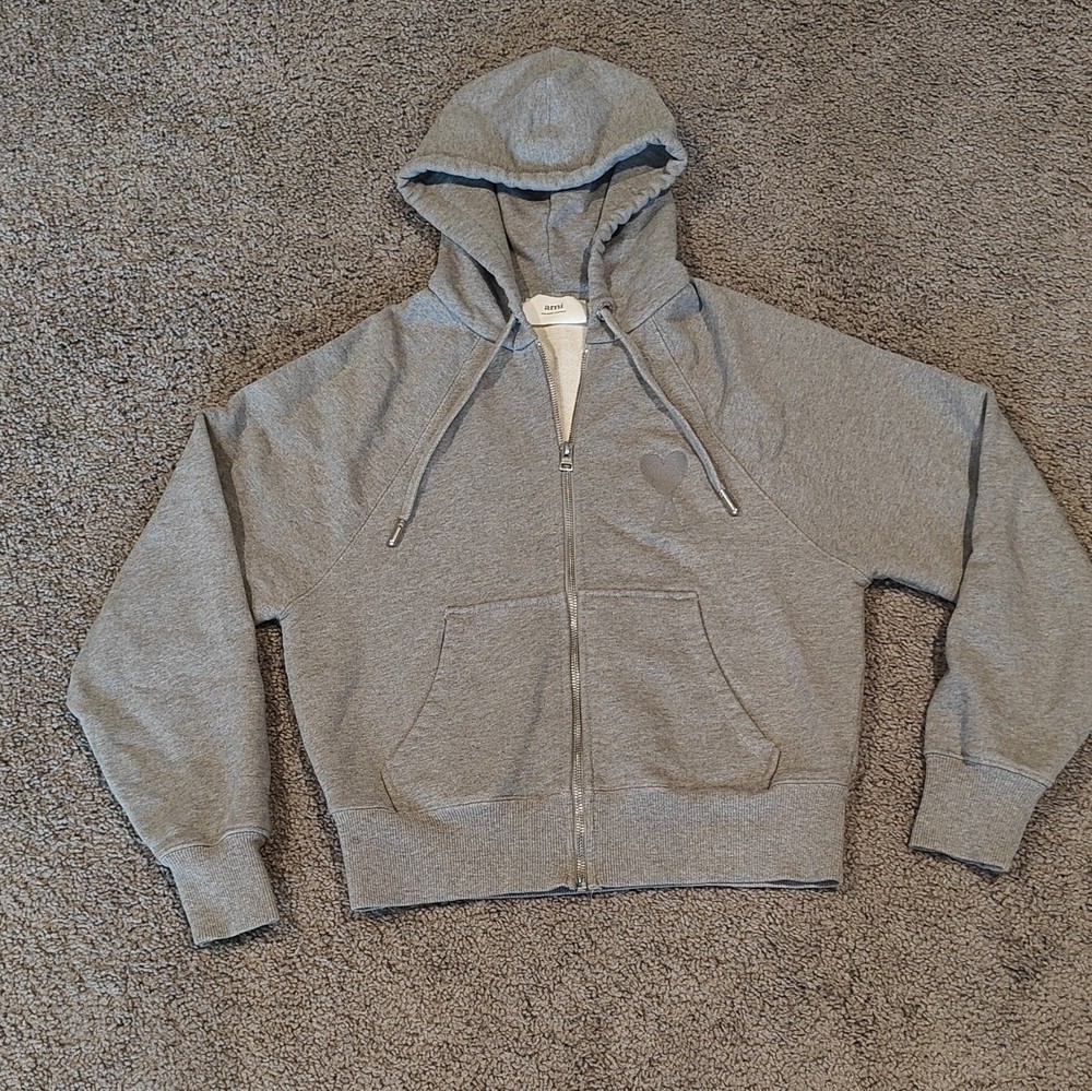 AMI Alexandre Mattiussi Women’s Gray Full Zip Hooded Logo Hoodie Pockets XXS