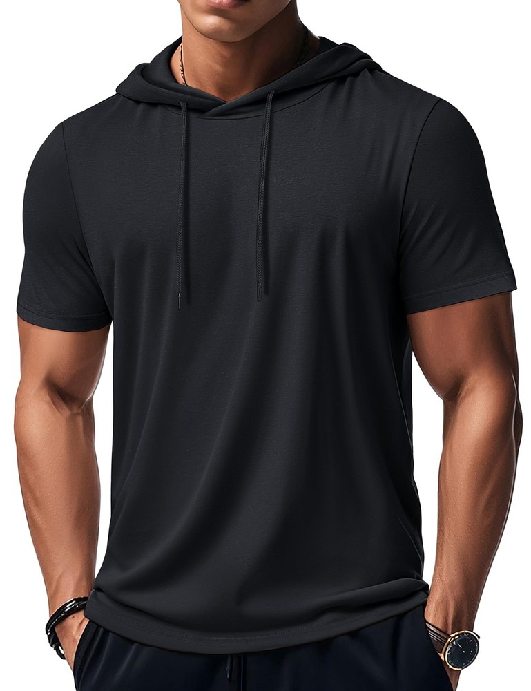 Mens Short Sleeve Hoodie Cotton Casual T-Shirts Sport Hooded Sweatshirt Pullover