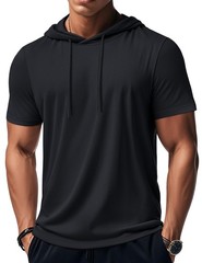 Mens Short Sleeve Hoodie Cotton Casual T-Shirts Sport Hooded Sweatshirt Pullover