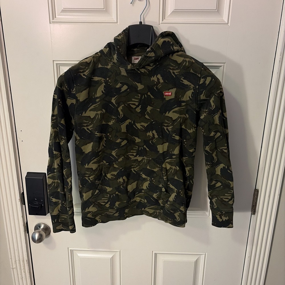 S-Levi’s Camouflage Fleece Pullover Hoodie Green Black Hooded Logo S