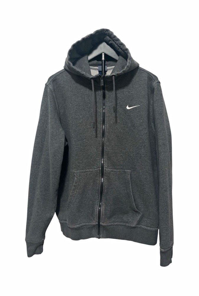 Nike Men’s Gray Fleece Full Zip Hooded Hoodie Logo Pockets Size L Regular Fit