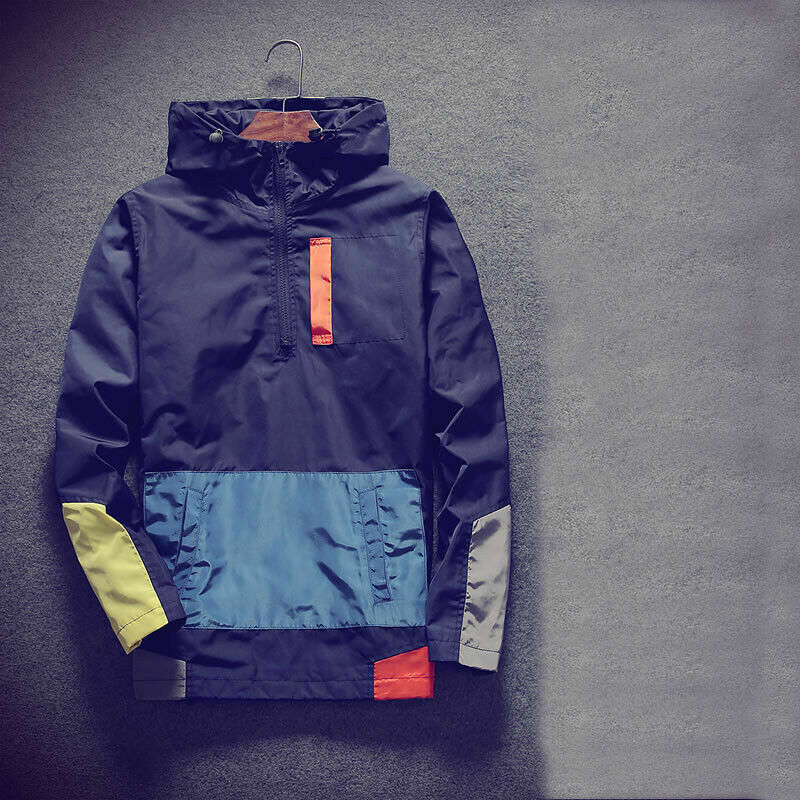 Men Hoodies Pullover Outwear Loose Pocket Hooded Sweatshirt Splice Jacket