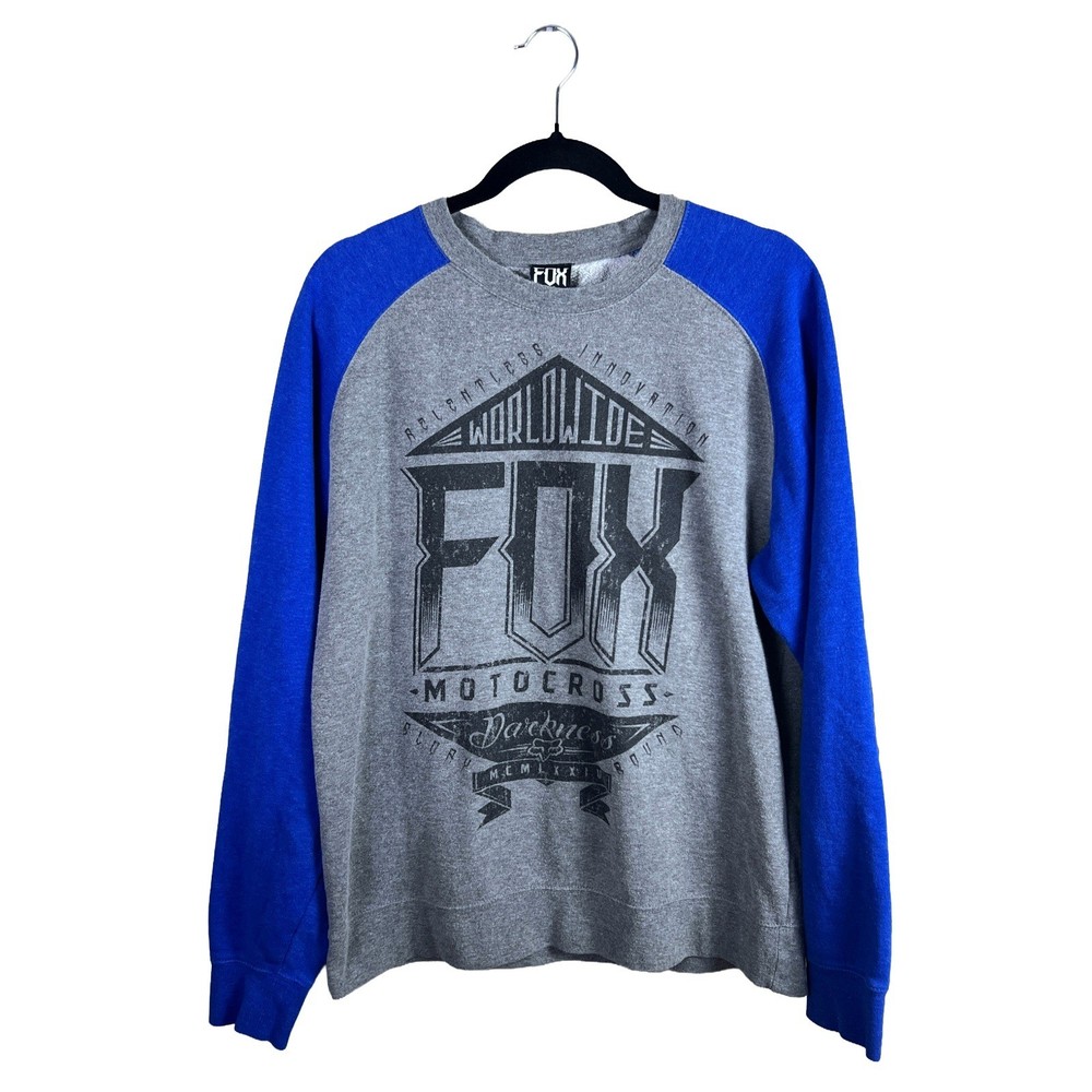 Fox Racing Motocross Sweatshirt Mens Medium Gray Blue Raglan Graphic Pullover