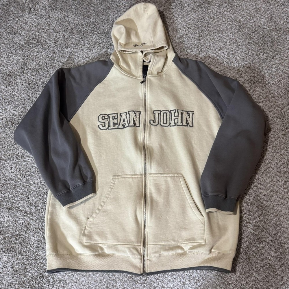 Sean John Hoodie Mens 2XL Beige Gray Full Zip Spell Out Sweatshirt Hip Hop XXL