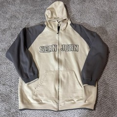 Sean John Hoodie Mens 2XL Beige Gray Full Zip Spell Out Sweatshirt Hip Hop XXL