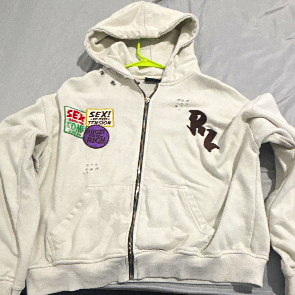 forgot Men’s S Beige Full Zip Hooded Hoodie w/ Pockets Embroidered Graphic