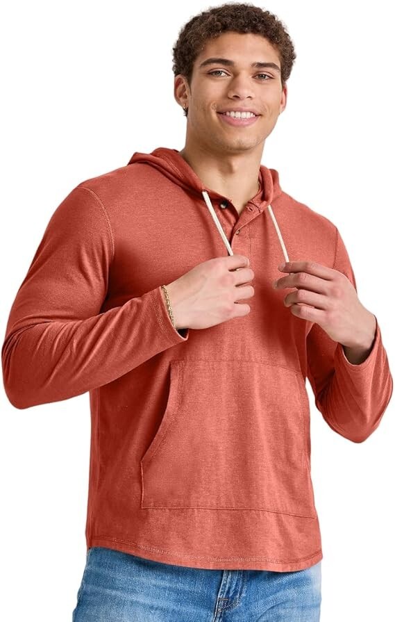 Hanes Men’s Hoodie Pullover 100% Cotton Jersey Originals Henley Red River Clay M