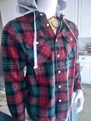 Free Planet NWT Deep Red Plaid Mens Flannel Shirt Gray Hood Medium Men’s Hoodie