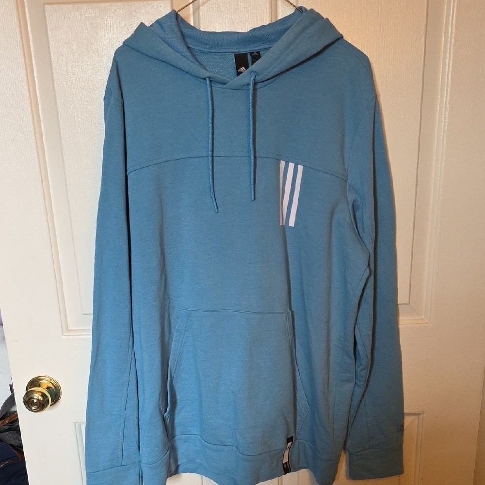adidas Mens Light Blue Hoodie with White Accents, Large