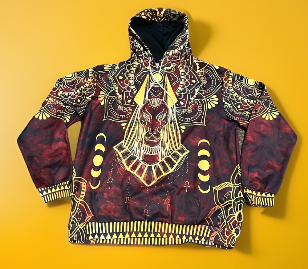 DYKHMILY UNISEX RED/GOLD ANUBIS ANCIENT EGYPT PATTERN HOODIE PULLOVER Large Read