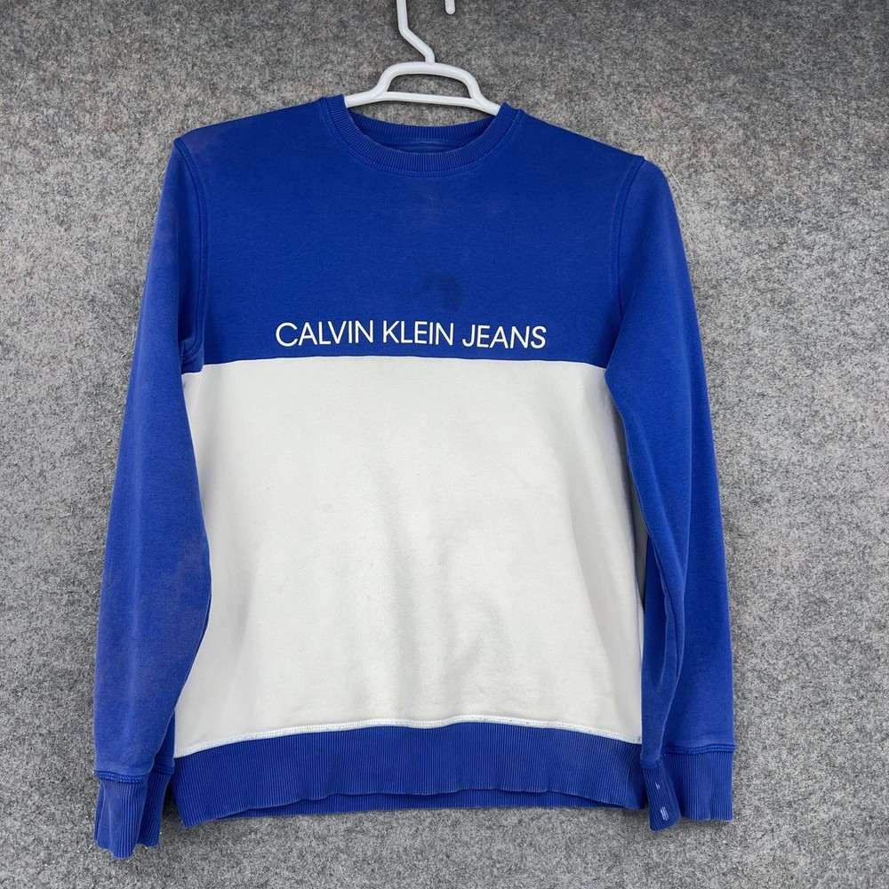 Calvin Klein Jeans Sweatshirt Mens Small Blue White Colorblock Logo Fleece