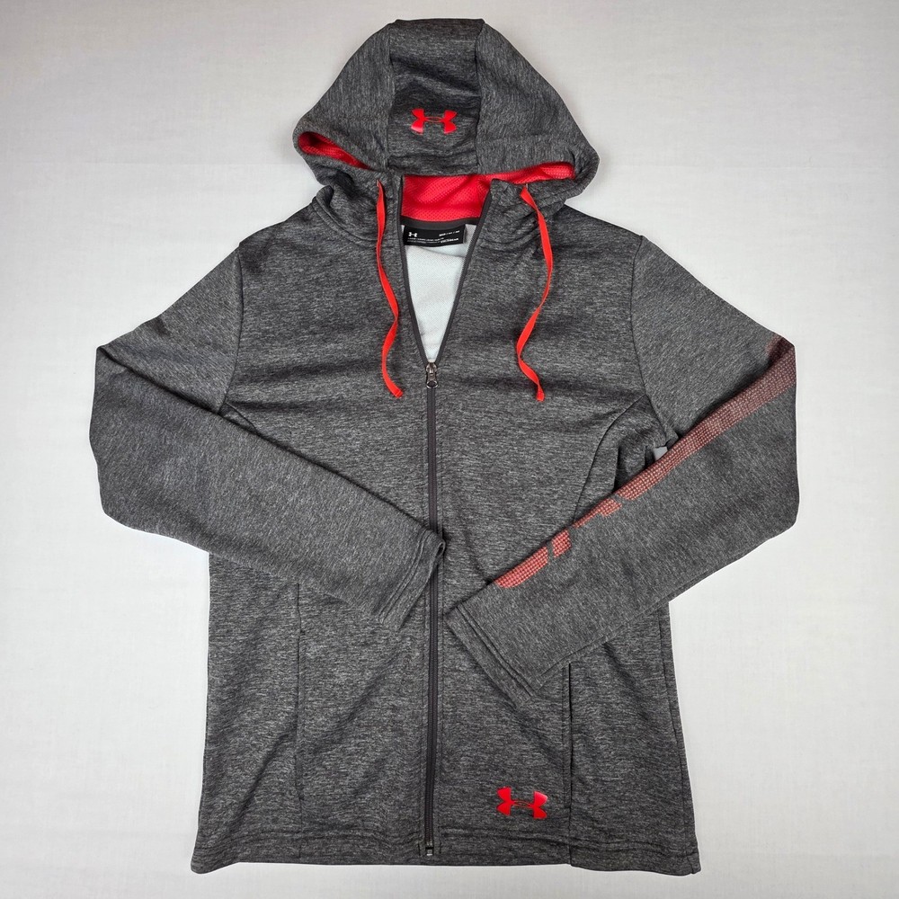 Under Armour ColdGear 1325145 Full Zip Hoodie Mens Medium Gray Red Polyester