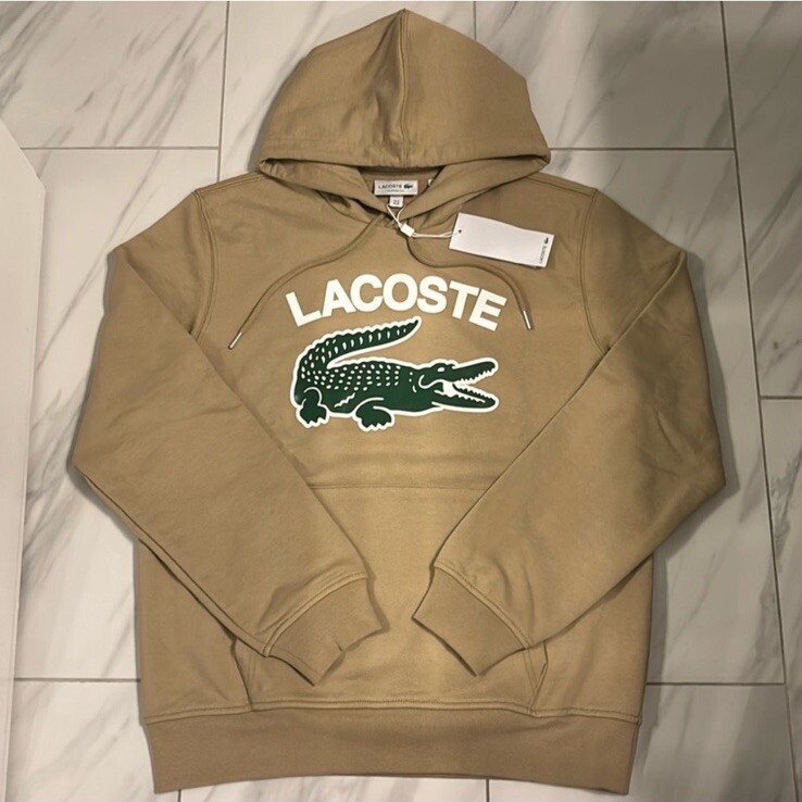 Lacoste Men’s Big Croc Logo Pullover Hoodie Tan Green White New