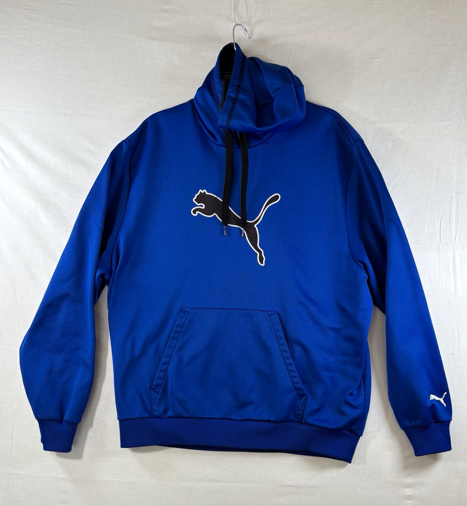 PUMA Men’s Blue Fleece Pullover Hoodie Logo Kangaroo Pocket Drawstring XL