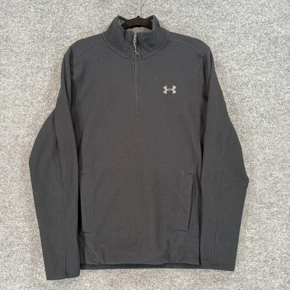 Under Armour Sweatshirt Mens Medium Black ColdGear Waffle Knit Fleece 1/4 Zip
