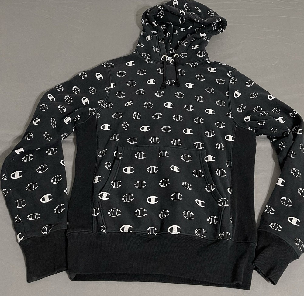 Champion Reverse Weave Hoodie Small Black White All Over Print Logo AOP Modern